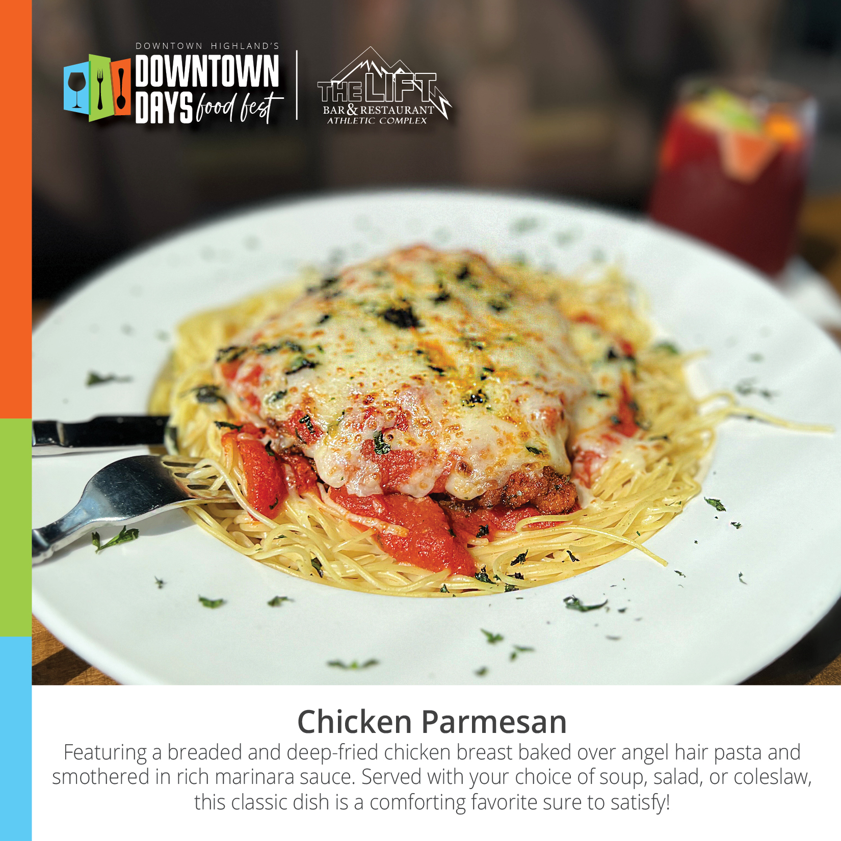 Chicken Parmesan with pasta, highlight at Downtown Highland&#039;s Food Fest.