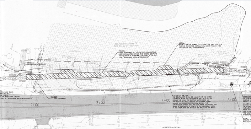 Landscape architectural blueprint with construction details.